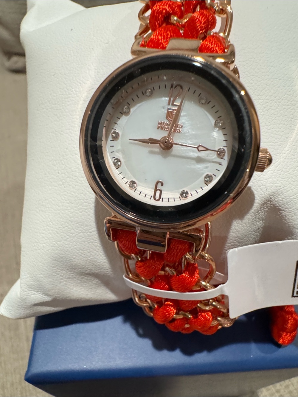 Montres prestige Rose Gold Tone Watch with Red Braided Chain Strap